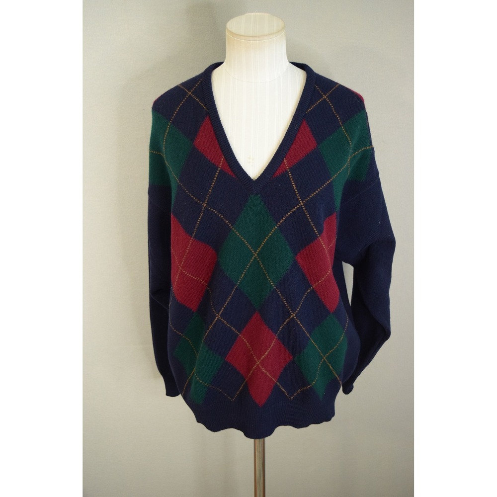 Johnstons Lambswool Sweater Large Navy Argyle V-Neck Scotland Mens Pullover